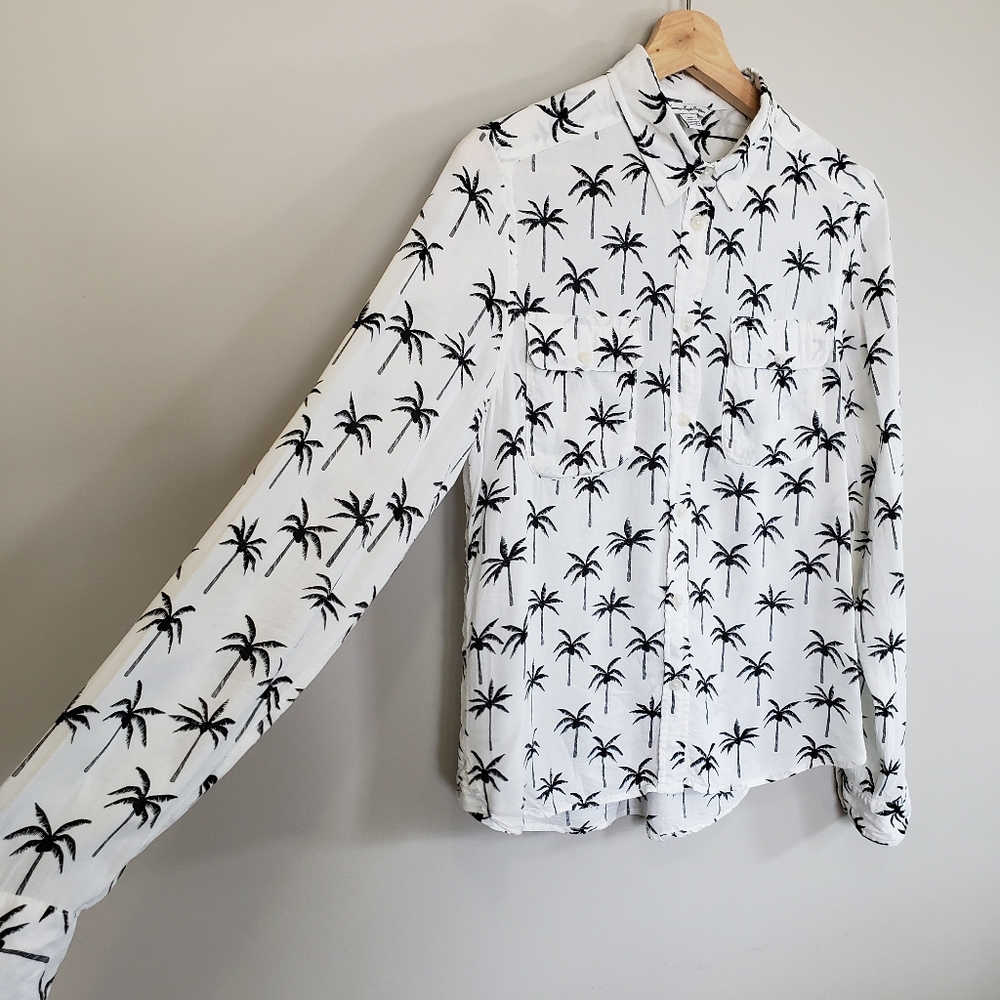 Ae Button Down Collared Palm Tree Blouse White - image 6